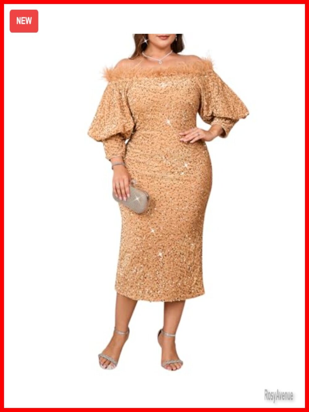 Sequin Off Shoulder Puff Sleeve Bodycon Midi Dress Formal Party Cocktail